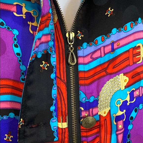 VNTG Mureli 100% Silk Vibrant Purple and Red Bomber Jacket with Artistic Flair - Picture 8 of 10